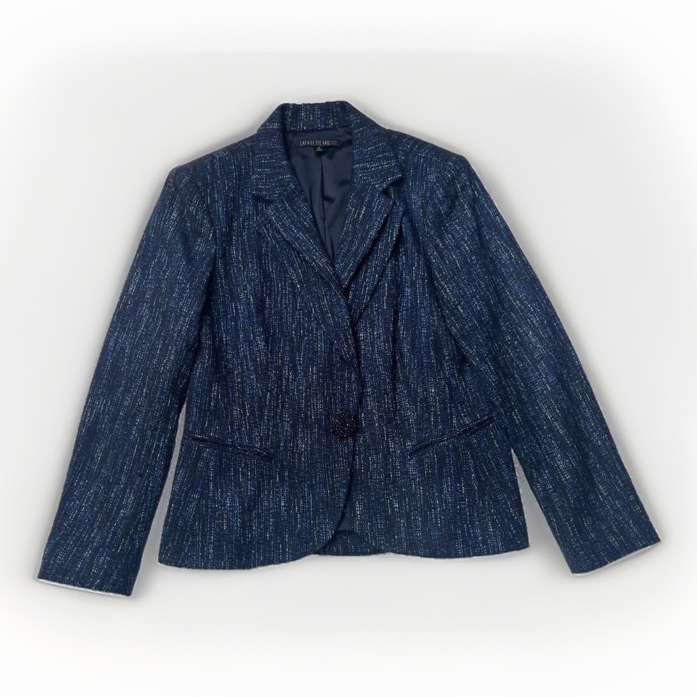 Lafayette 148 New York Sz 12 Virgin Wool Tweed Blazer Jacket Blue 1-Button Luxe